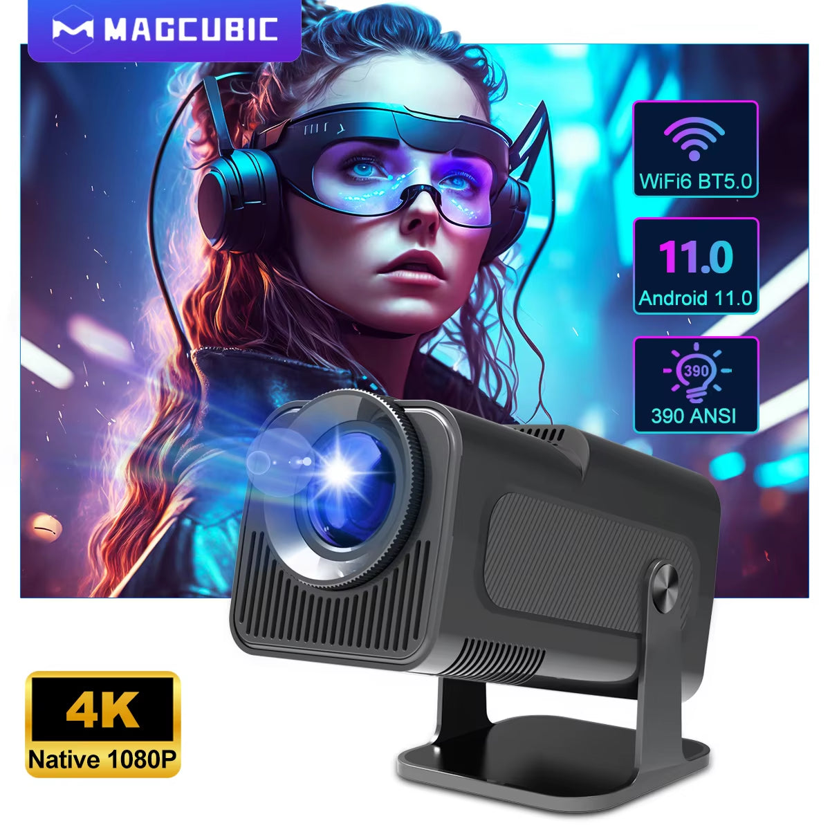 4K Native 1080P Android 11 Projector 390ANSI HY320 Dual Wifi6 BT5.0 Cinema Outdoor Portable Projetor Upgrated HY320